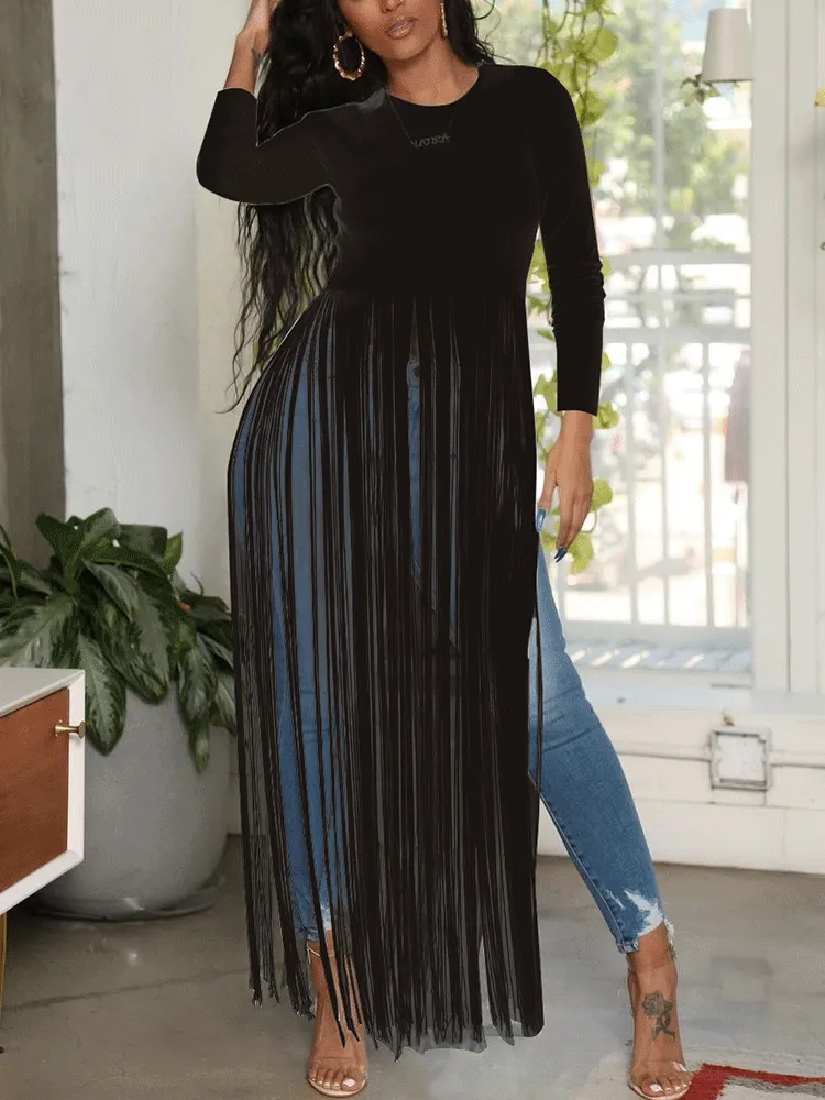 Solid Long Sleeve Trendy Slit Maxi Dress