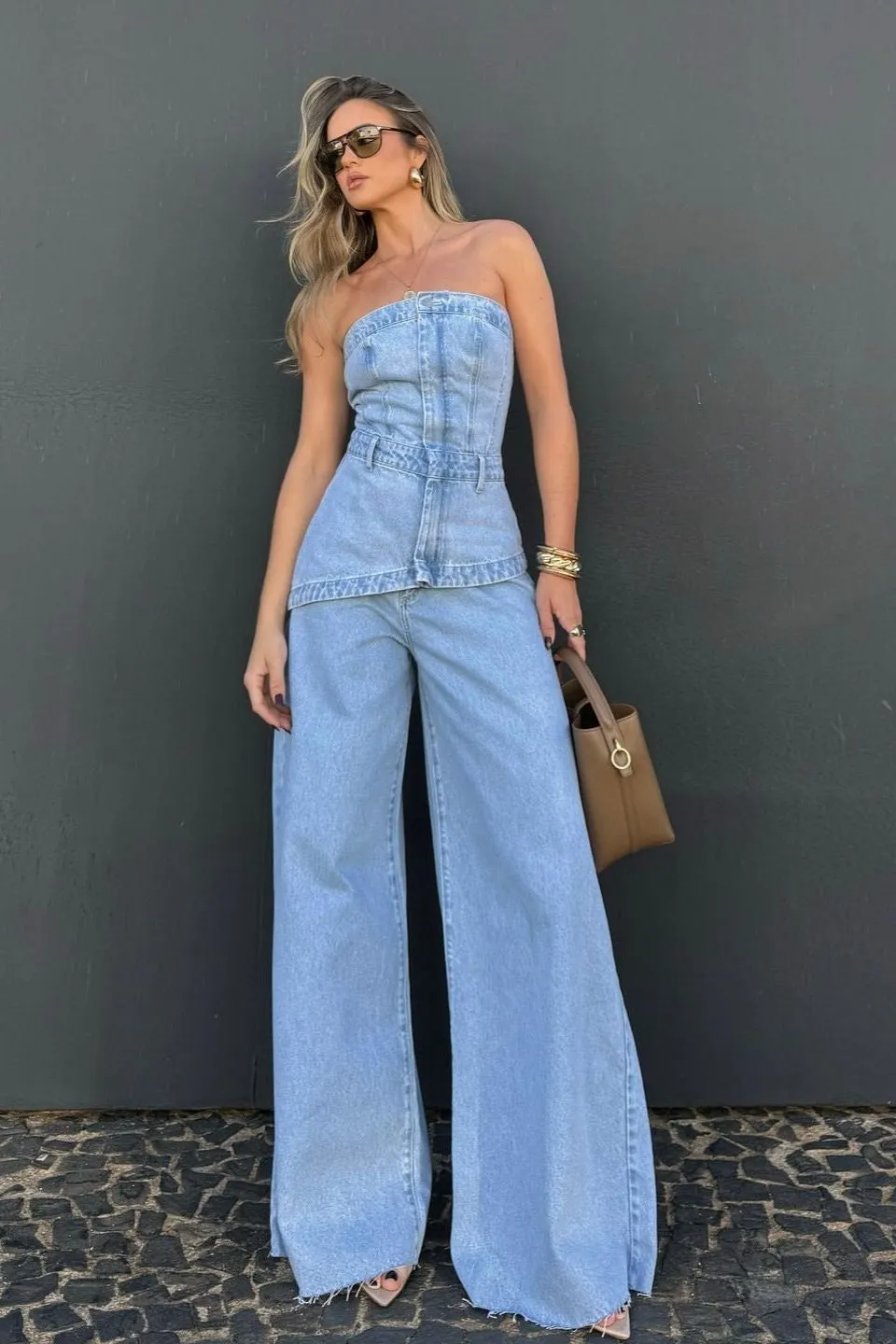 Splicing Tube Top Denim Jumpsuit