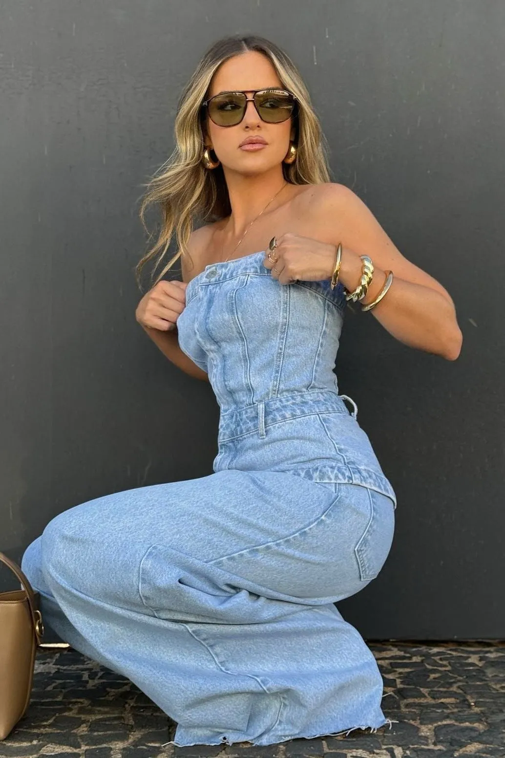 Splicing Tube Top Denim Jumpsuit