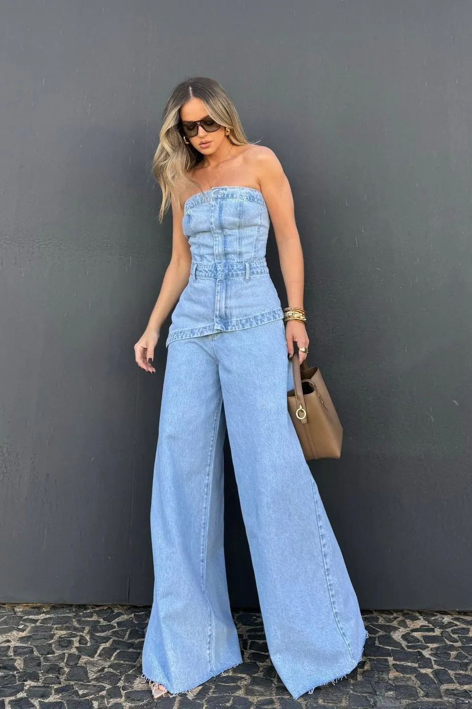 Splicing Tube Top Denim Jumpsuit