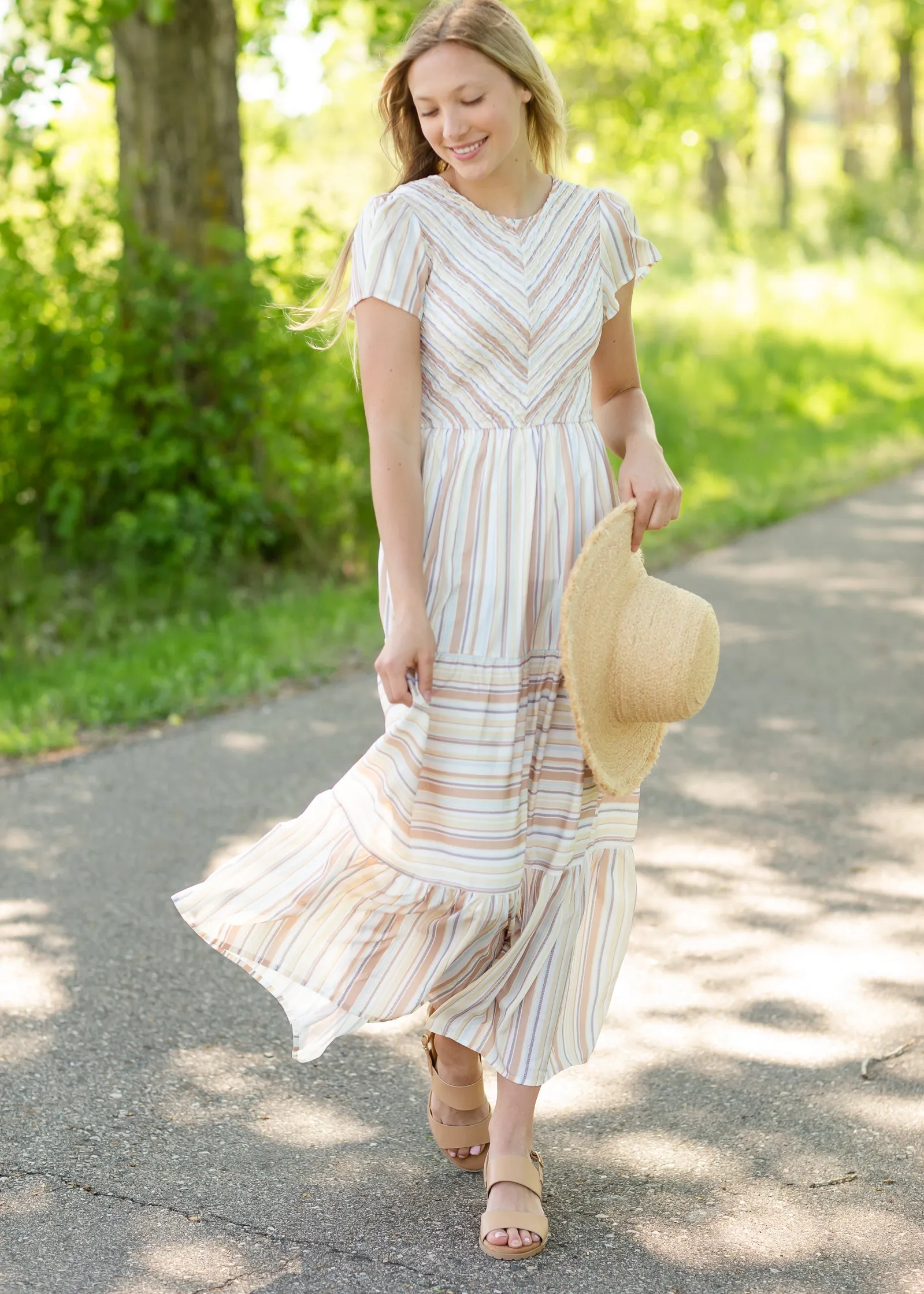 Striped Flutter Sleeve Maxi Dress