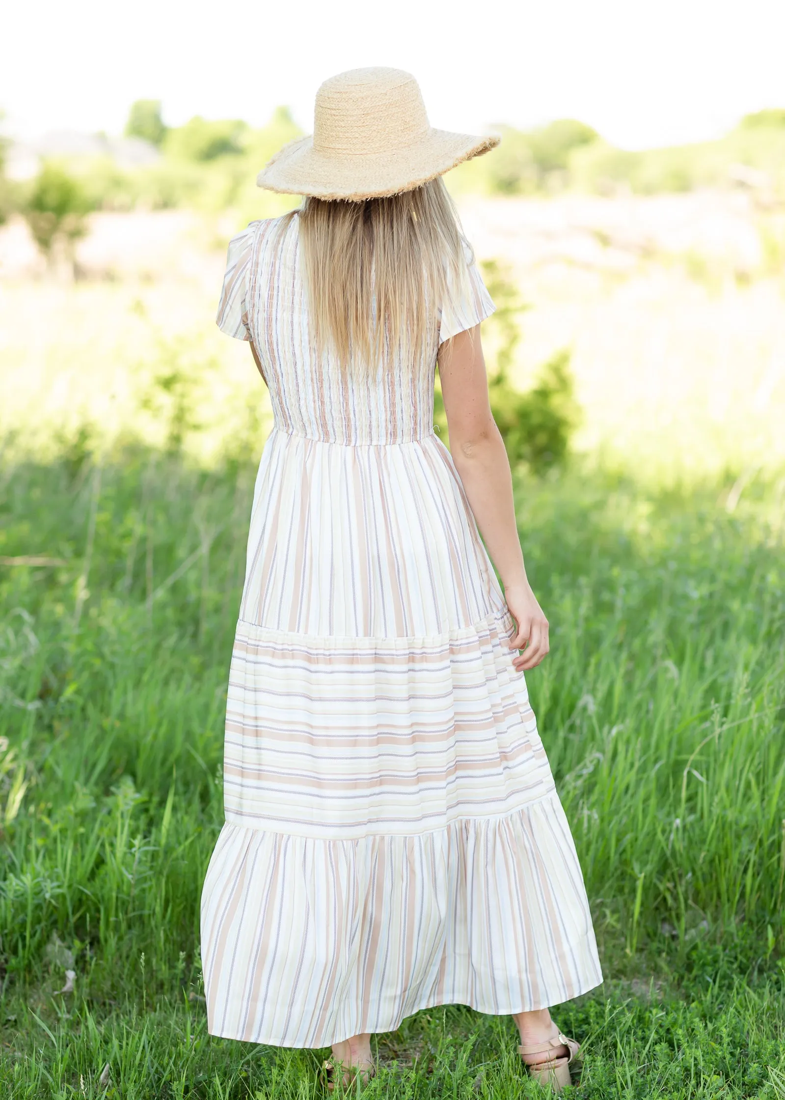 Striped Flutter Sleeve Maxi Dress