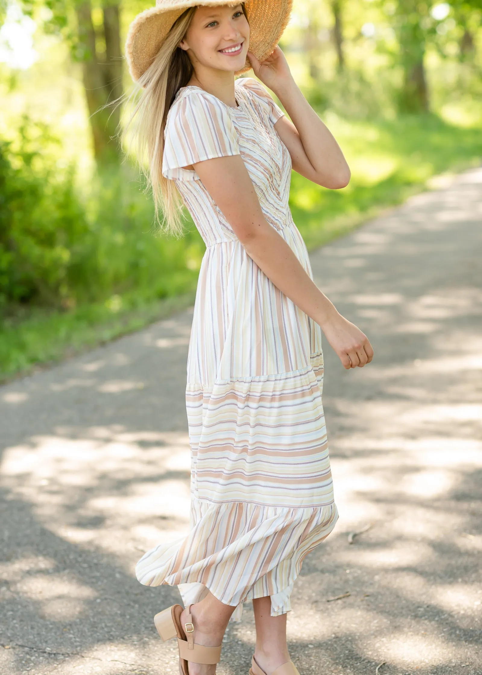 Striped Flutter Sleeve Maxi Dress