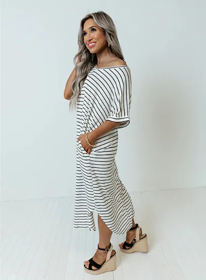 TastyHottie - Trendy Side Slit Skew Neck Striped Dress