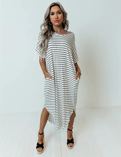 TastyHottie - Trendy Side Slit Skew Neck Striped Dress