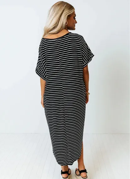 TastyHottie - Trendy Side Slit Skew Neck Striped Dress