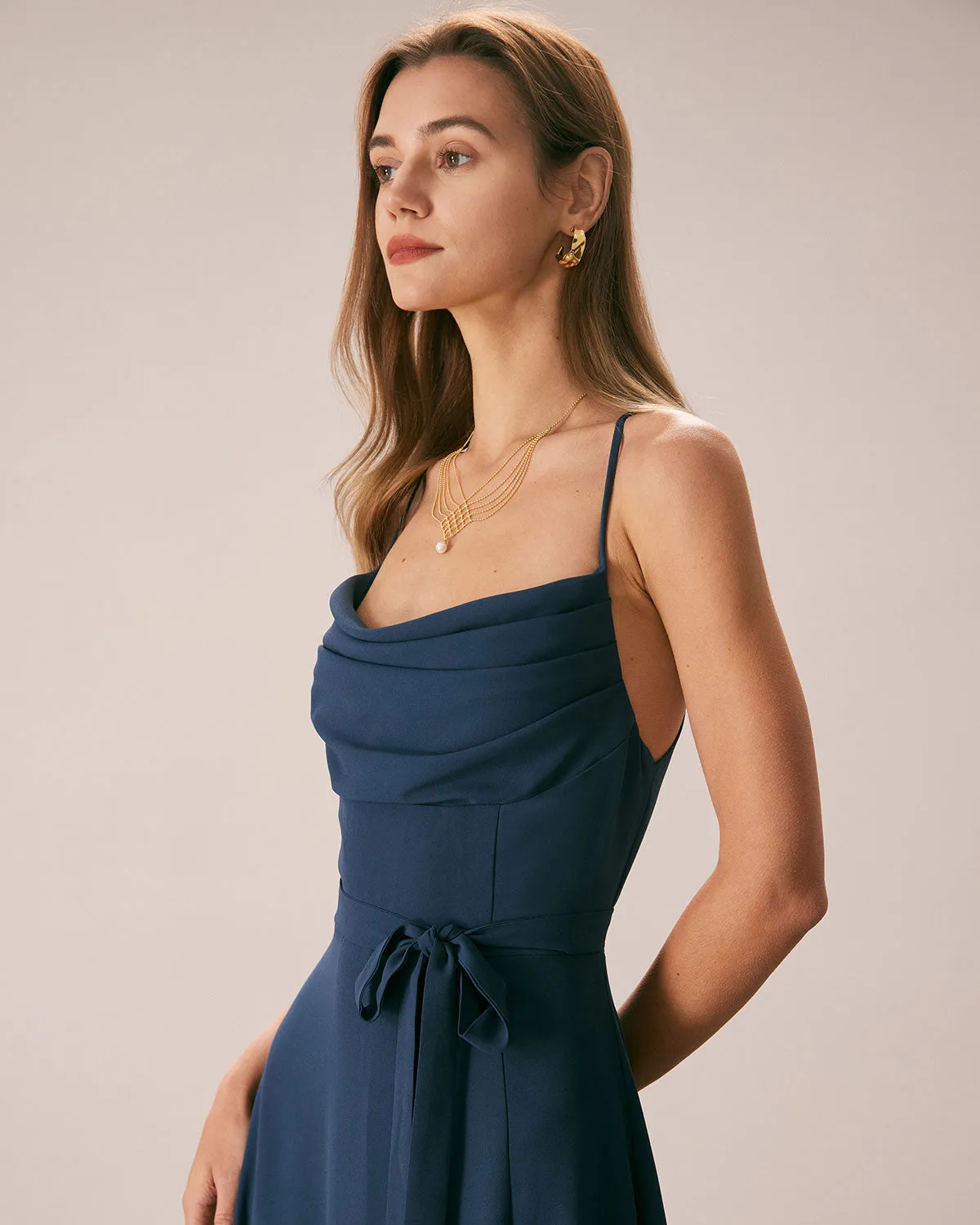 The Navy Cowl Neck Cutout Back Maxi Dress