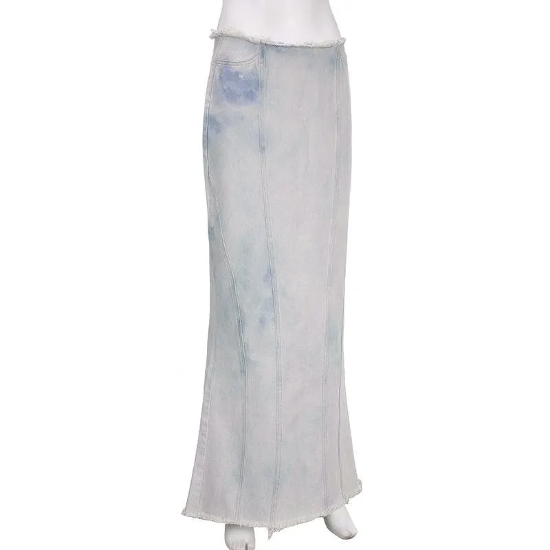 Tie dye raw hem zip-up slit midi skirt