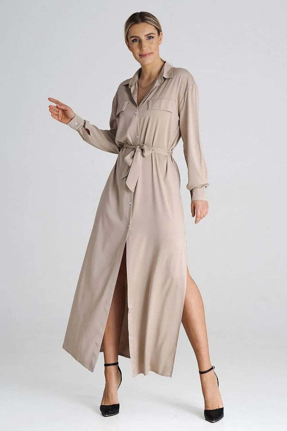 Trendy Slit Maxi Collar Dress