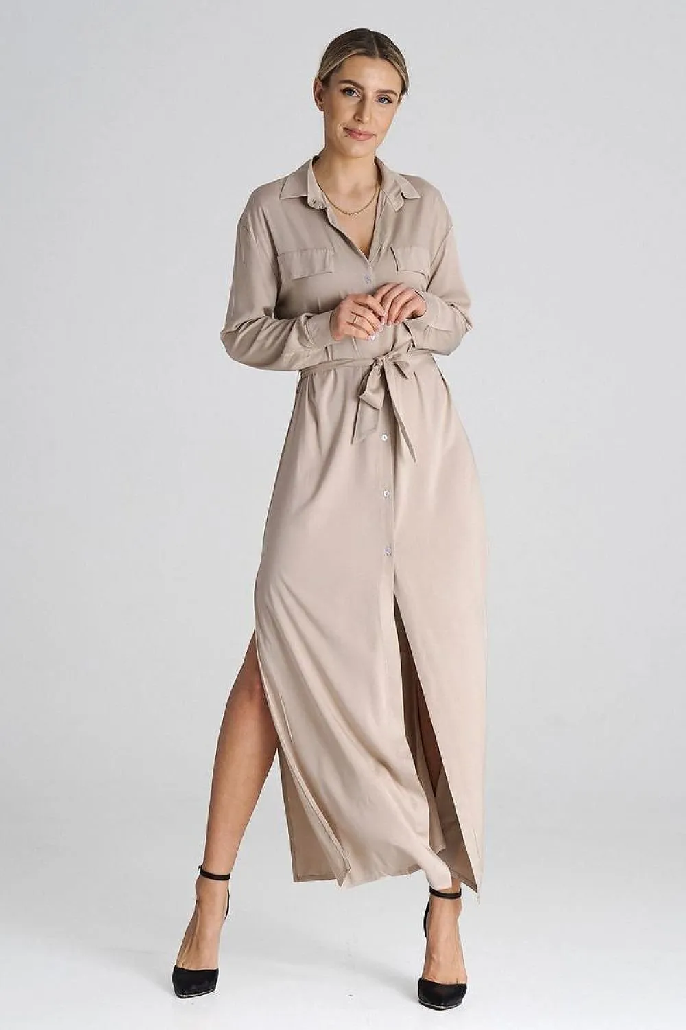 Trendy Slit Maxi Collar Dress