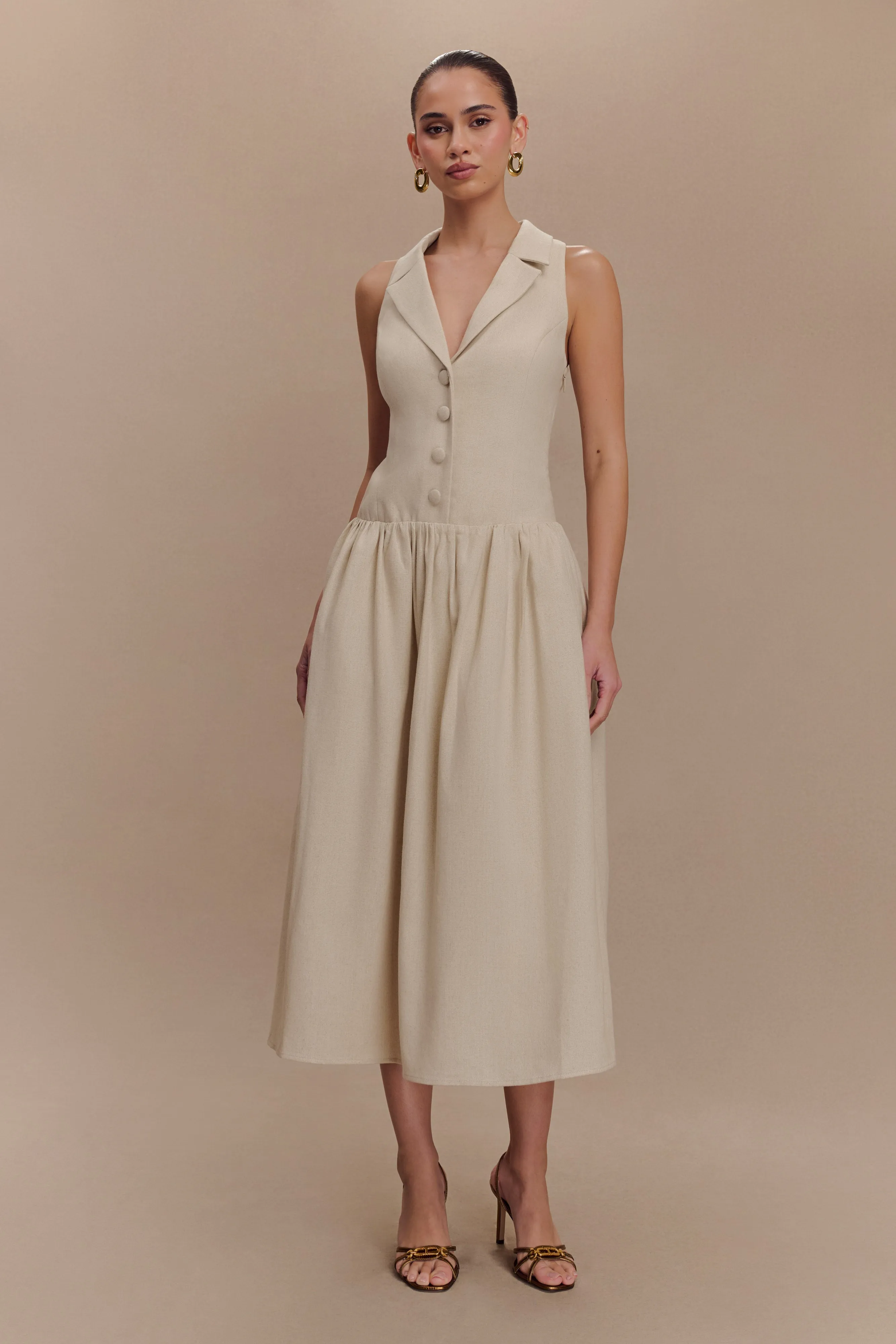 Valery Linen Midi Collar Dress - Natural