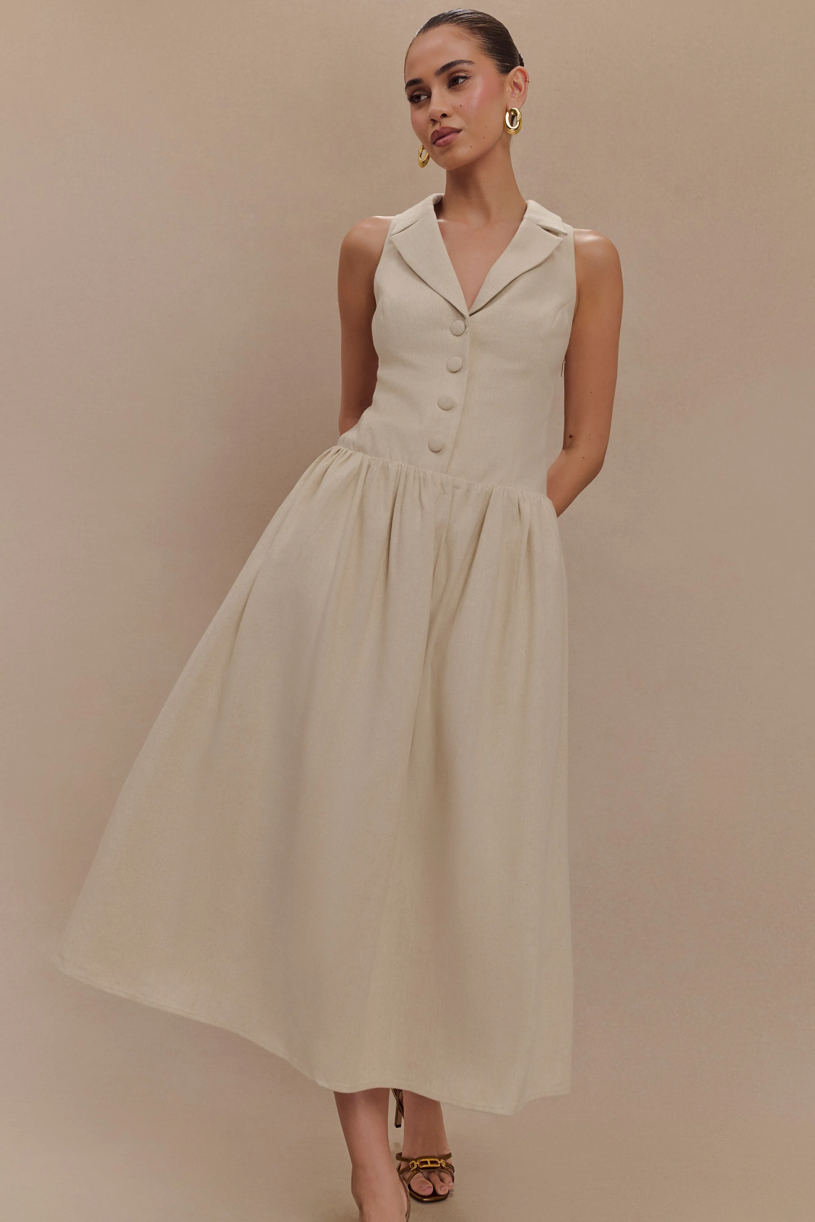 Valery Linen Midi Collar Dress - Natural