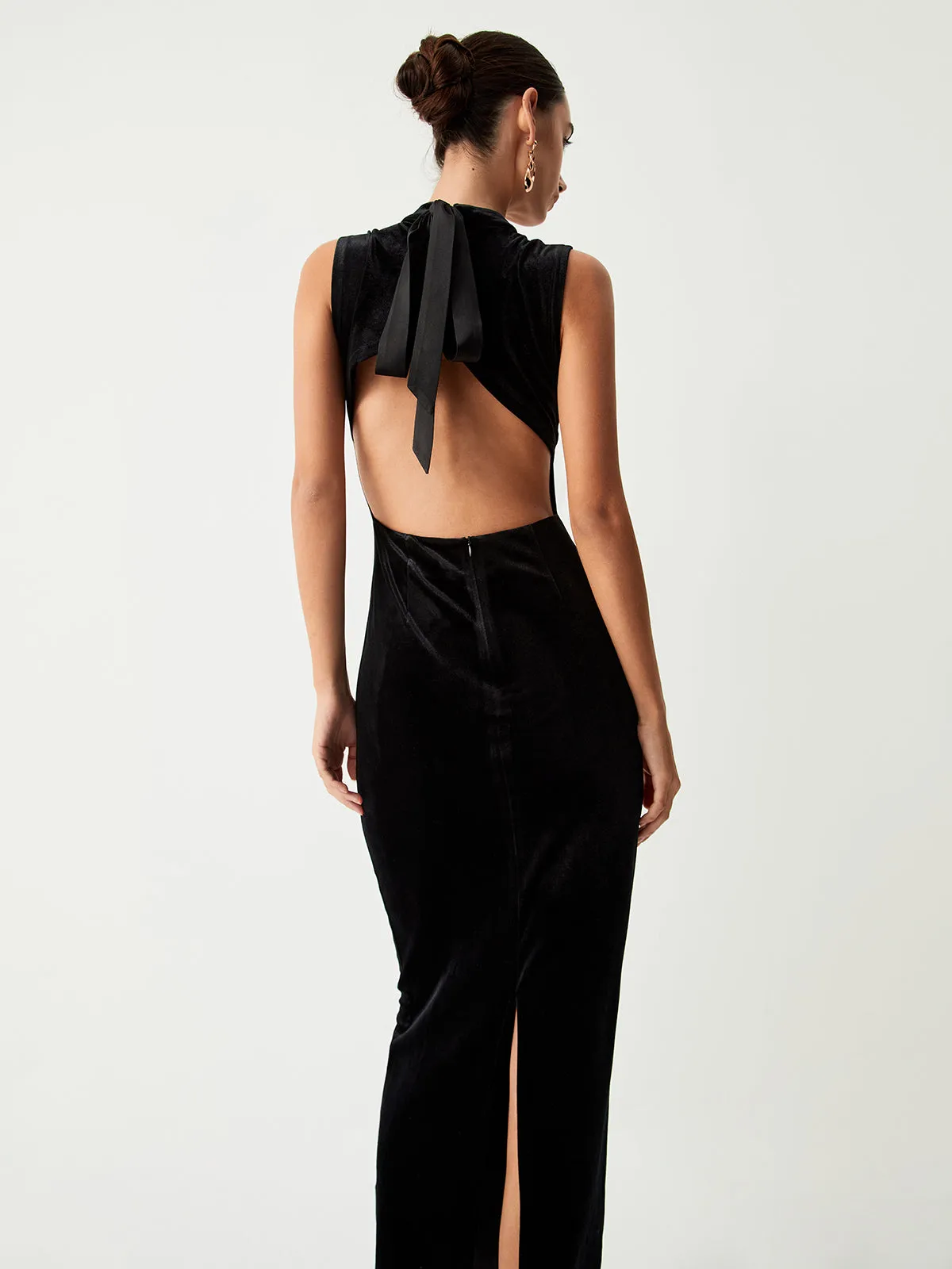 Velvet Open Back Trendy Zippered Slit Long Dress