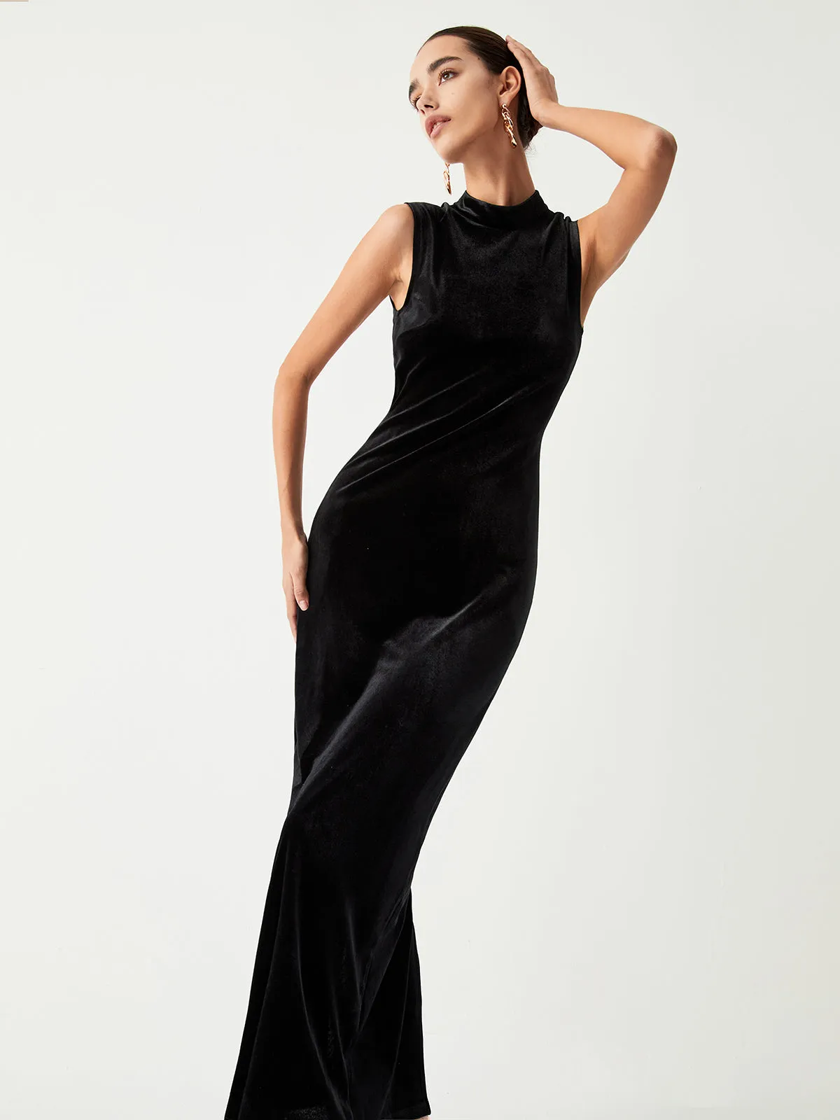 Velvet Open Back Trendy Zippered Slit Long Dress