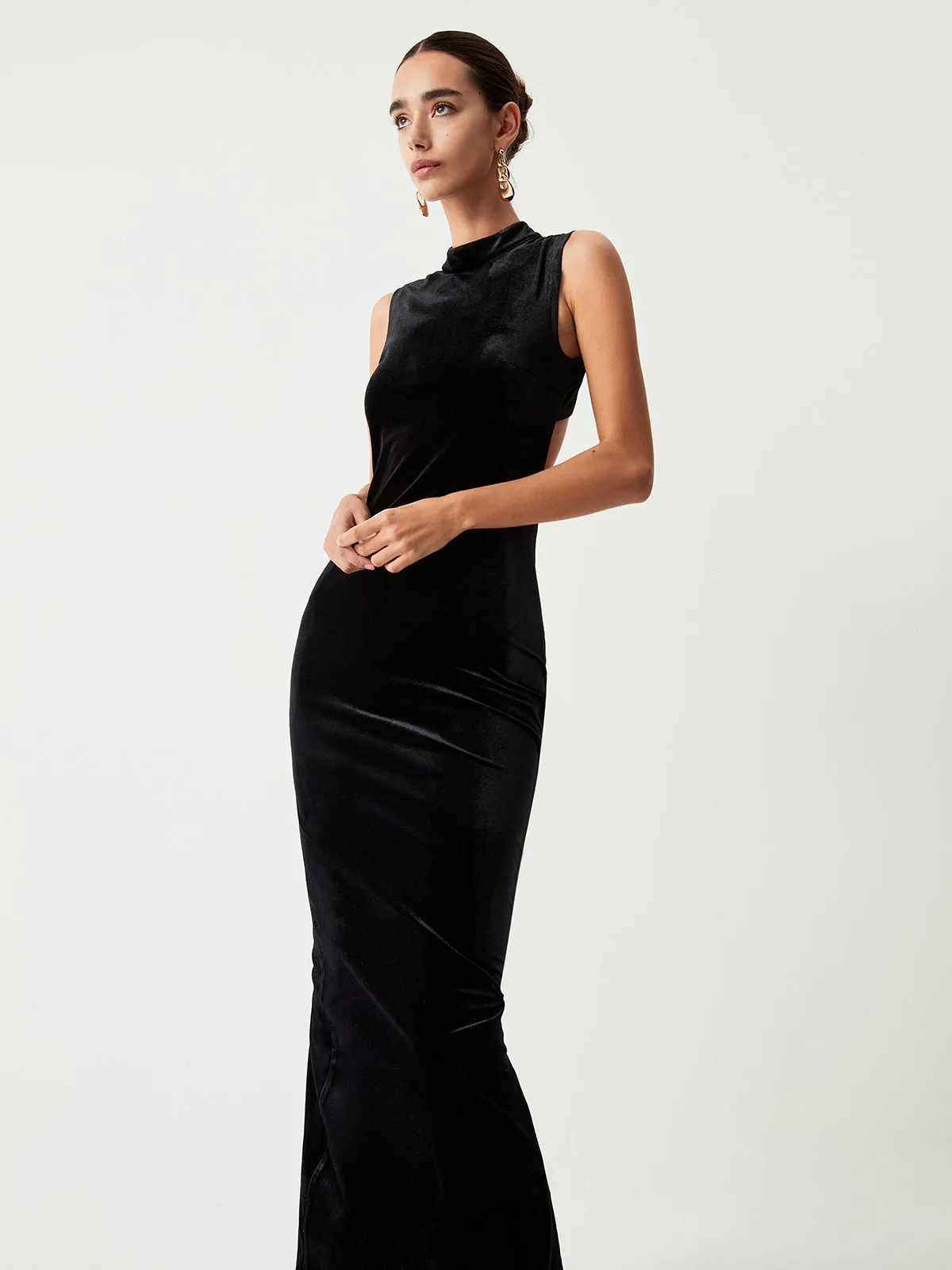 Velvet Open Back Trendy Zippered Slit Long Dress