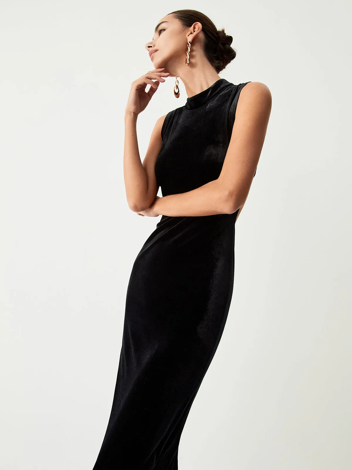 Velvet Open Back Trendy Zippered Slit Long Dress