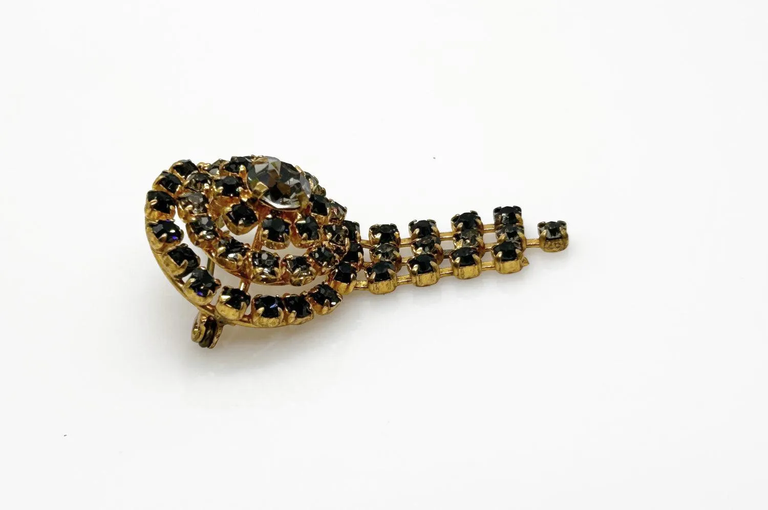 Vintage Gray and Black Rhinestone Domed Dangle Brooch