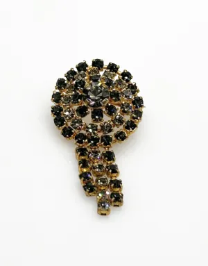 Vintage Gray and Black Rhinestone Domed Dangle Brooch