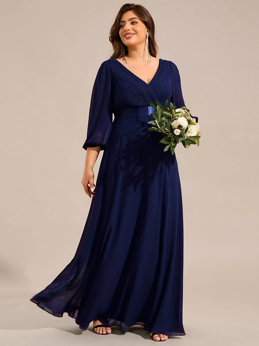 Warm Monica | Plus Size Empire Waist Pleated Chiffon Long Sleeves Formal Evening Dress