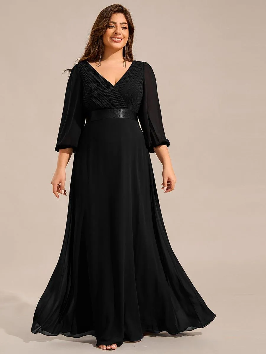 Warm Monica | Plus Size Empire Waist Pleated Chiffon Long Sleeves Formal Evening Dress