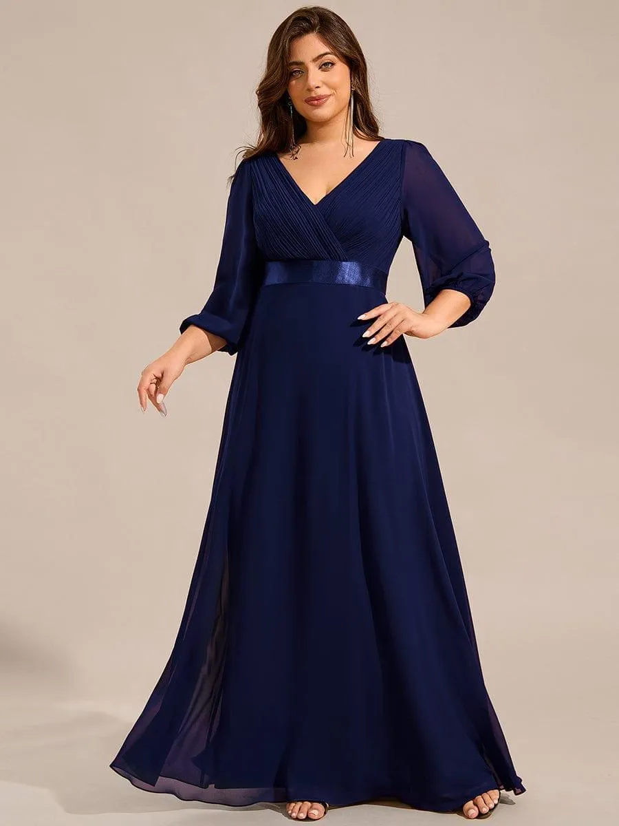 Warm Monica | Plus Size Empire Waist Pleated Chiffon Long Sleeves Formal Evening Dress