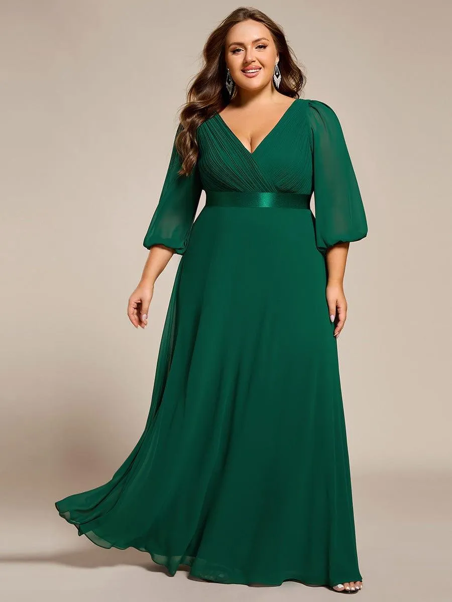 Warm Monica | Plus Size Empire Waist Pleated Chiffon Long Sleeves Formal Evening Dress