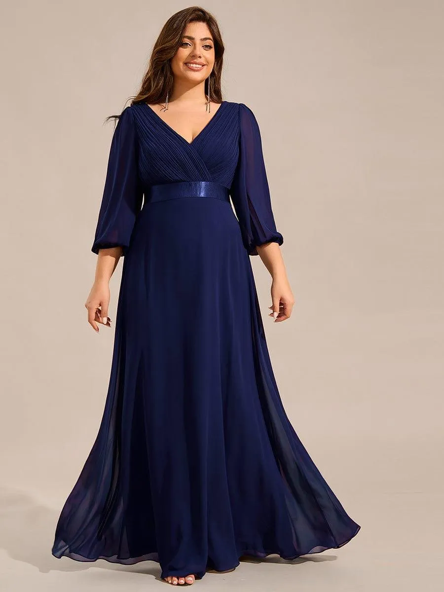 Warm Monica | Plus Size Empire Waist Pleated Chiffon Long Sleeves Formal Evening Dress