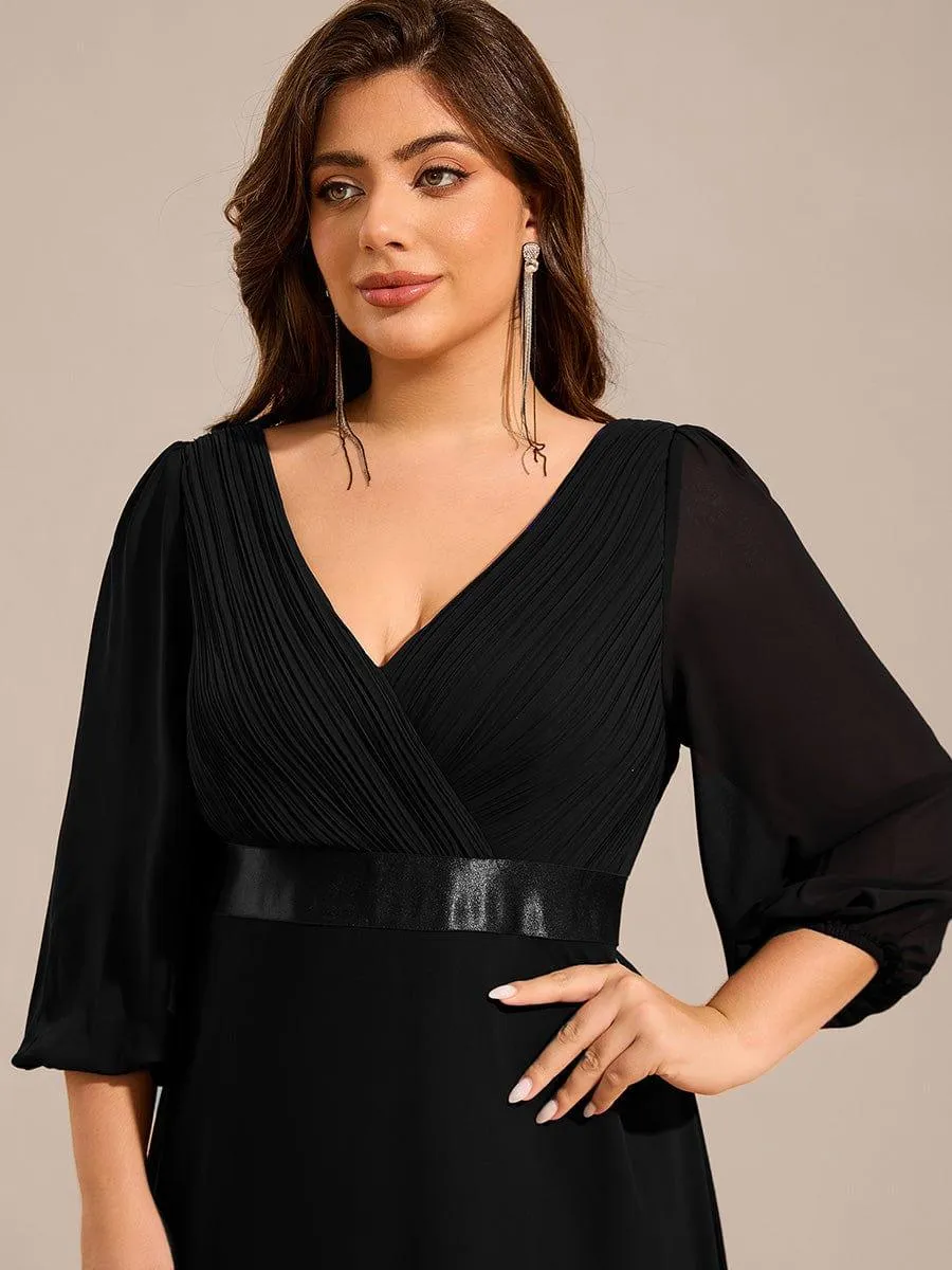 Warm Monica | Plus Size Empire Waist Pleated Chiffon Long Sleeves Formal Evening Dress