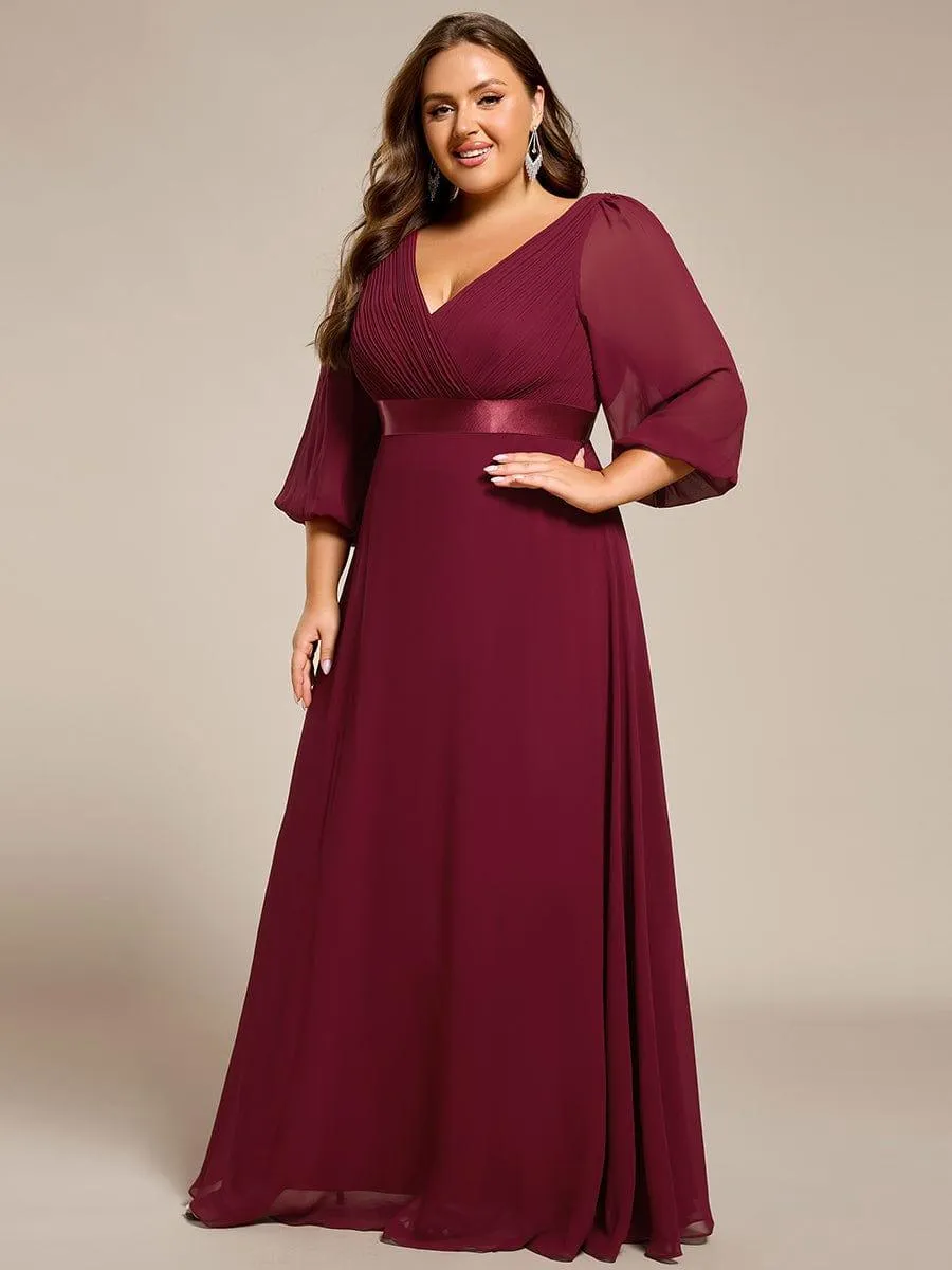 Warm Monica | Plus Size Empire Waist Pleated Chiffon Long Sleeves Formal Evening Dress