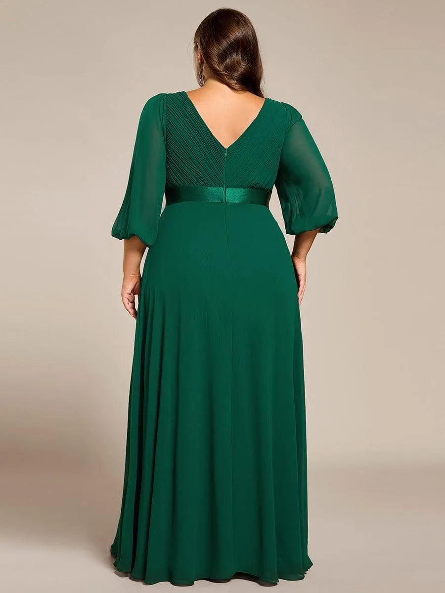 Warm Monica | Plus Size Empire Waist Pleated Chiffon Long Sleeves Formal Evening Dress