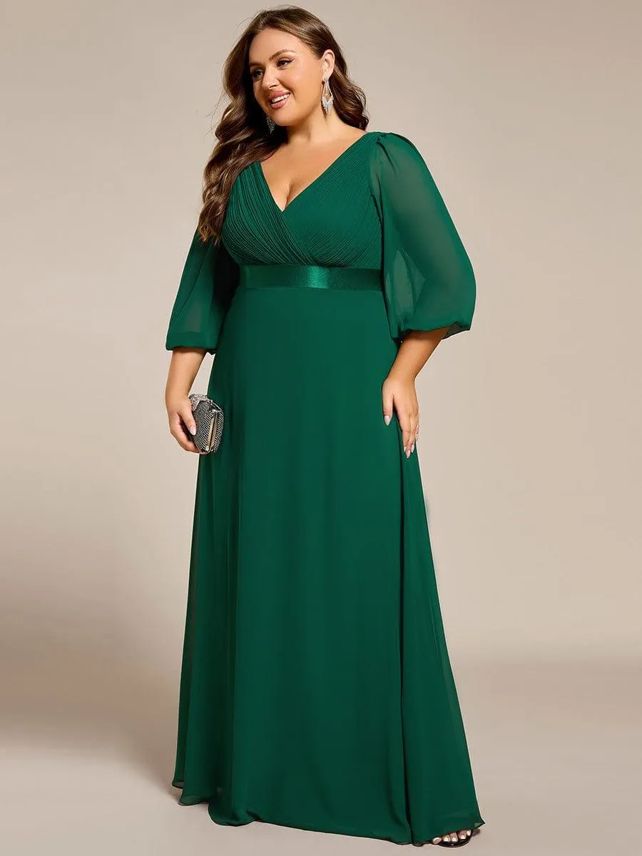 Warm Monica | Plus Size Empire Waist Pleated Chiffon Long Sleeves Formal Evening Dress