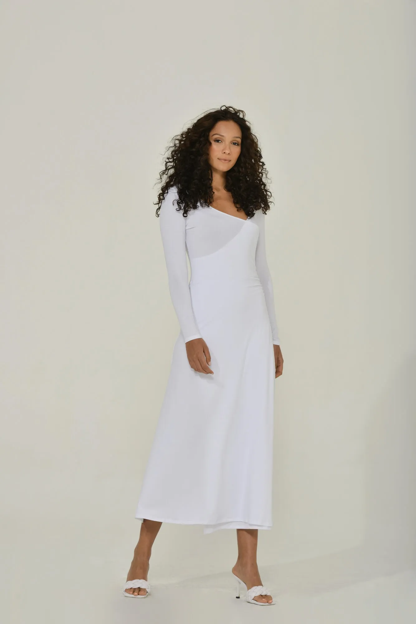 White Long Sleeve Maxi Dress w/ High Slit