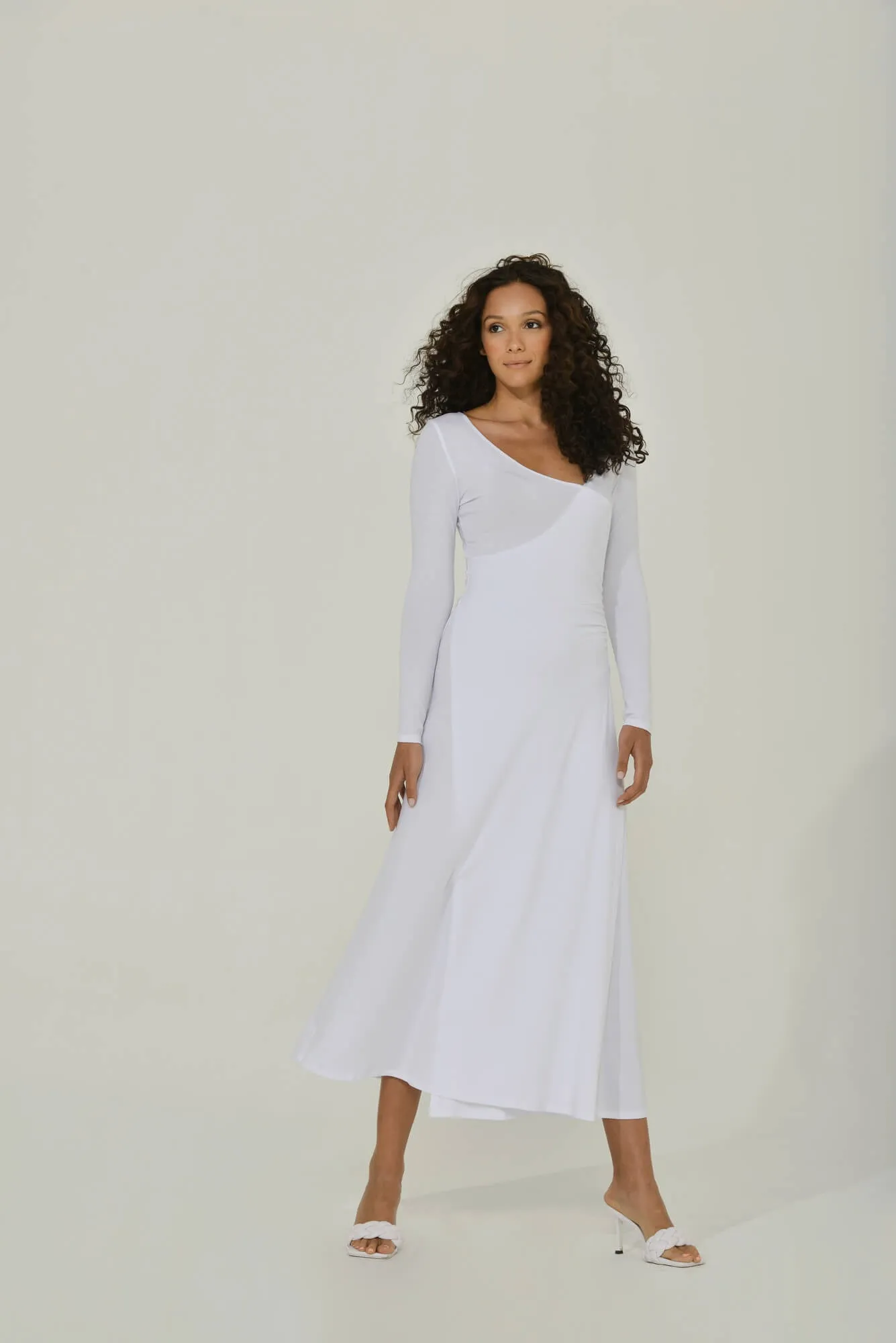 White Long Sleeve Maxi Dress w/ High Slit