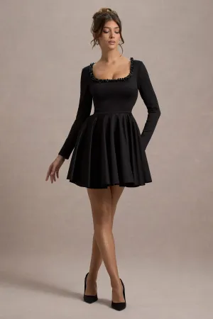 Wilder | Black Square-Neck Long-Sleeve Skater Mini Dress