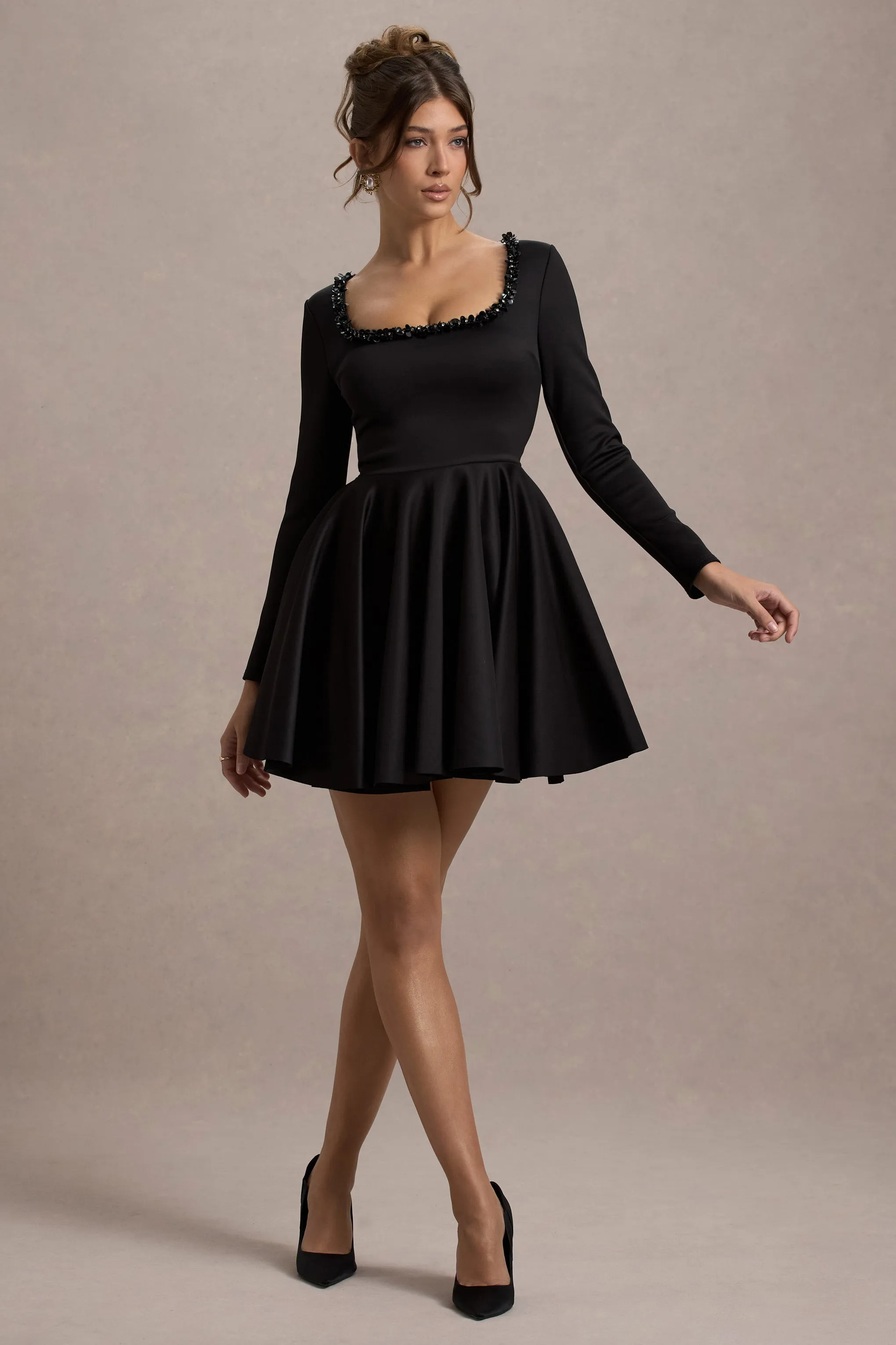 Wilder | Black Square-Neck Long-Sleeve Skater Mini Dress