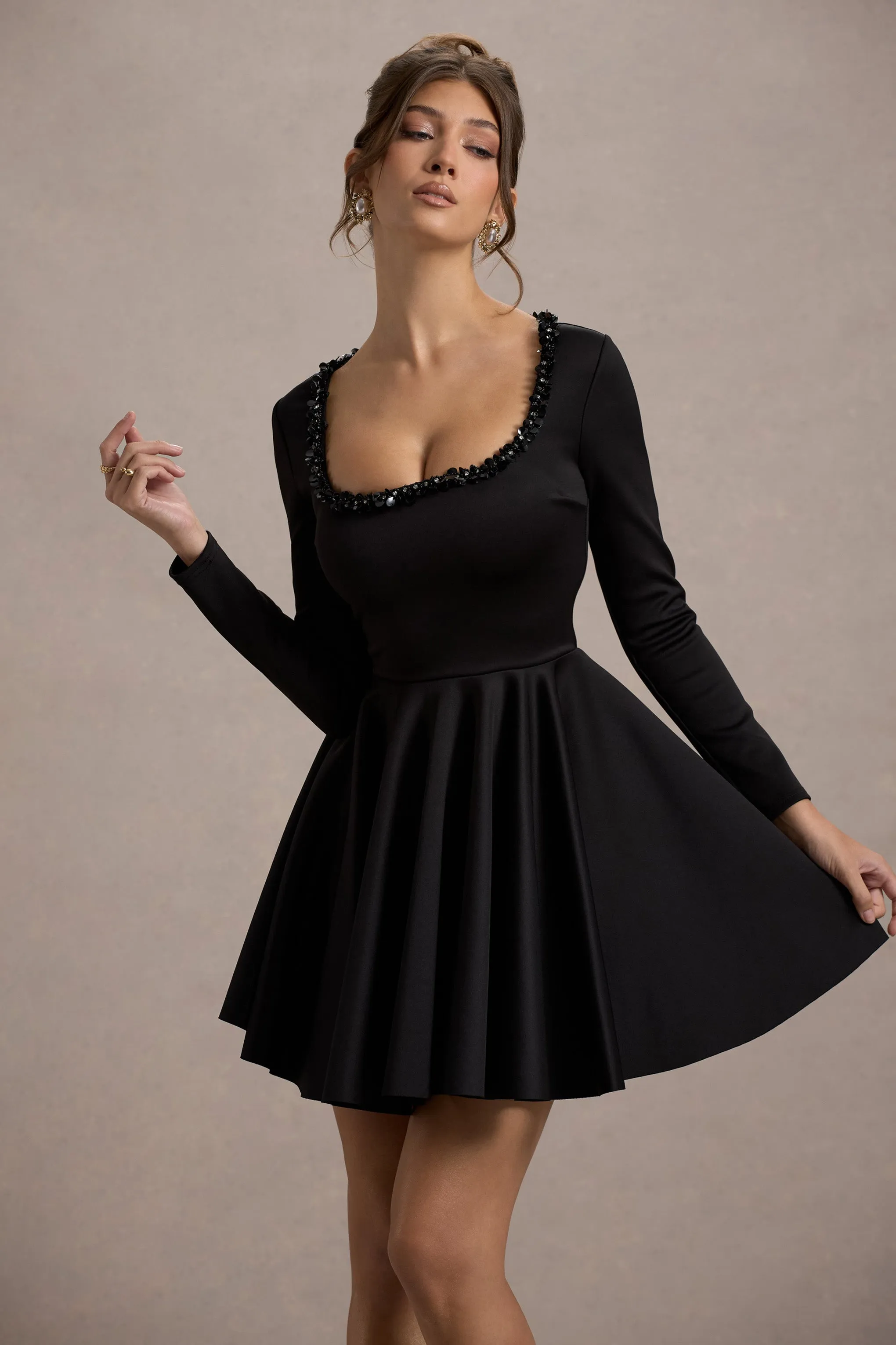 Wilder | Black Square-Neck Long-Sleeve Skater Mini Dress