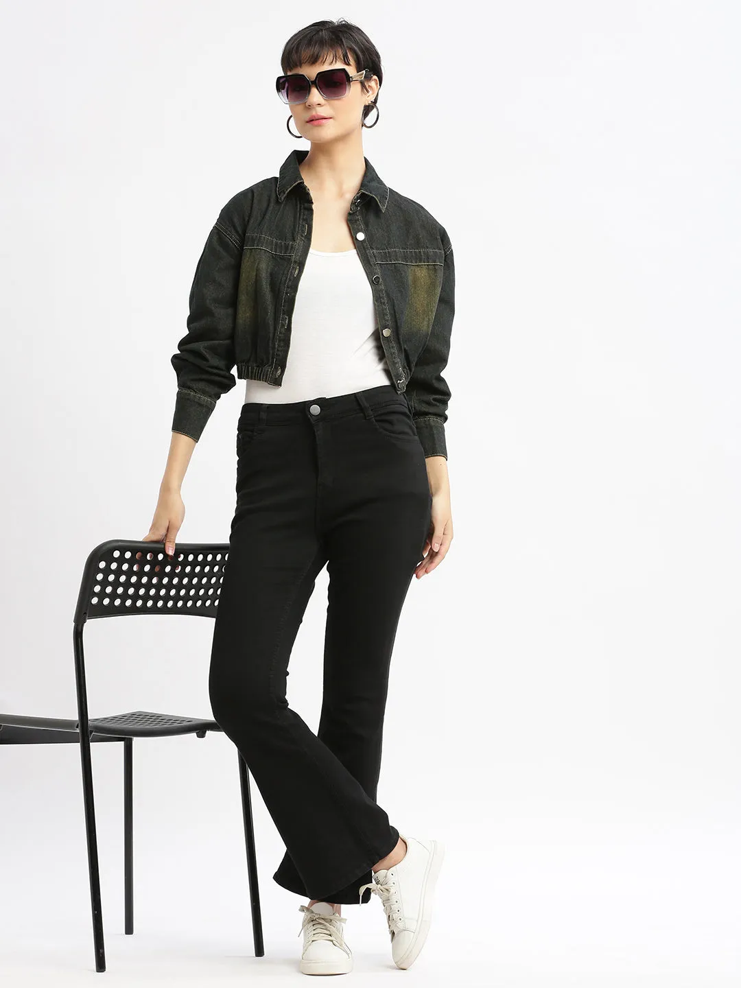 Women Black Crop Denim Jacket