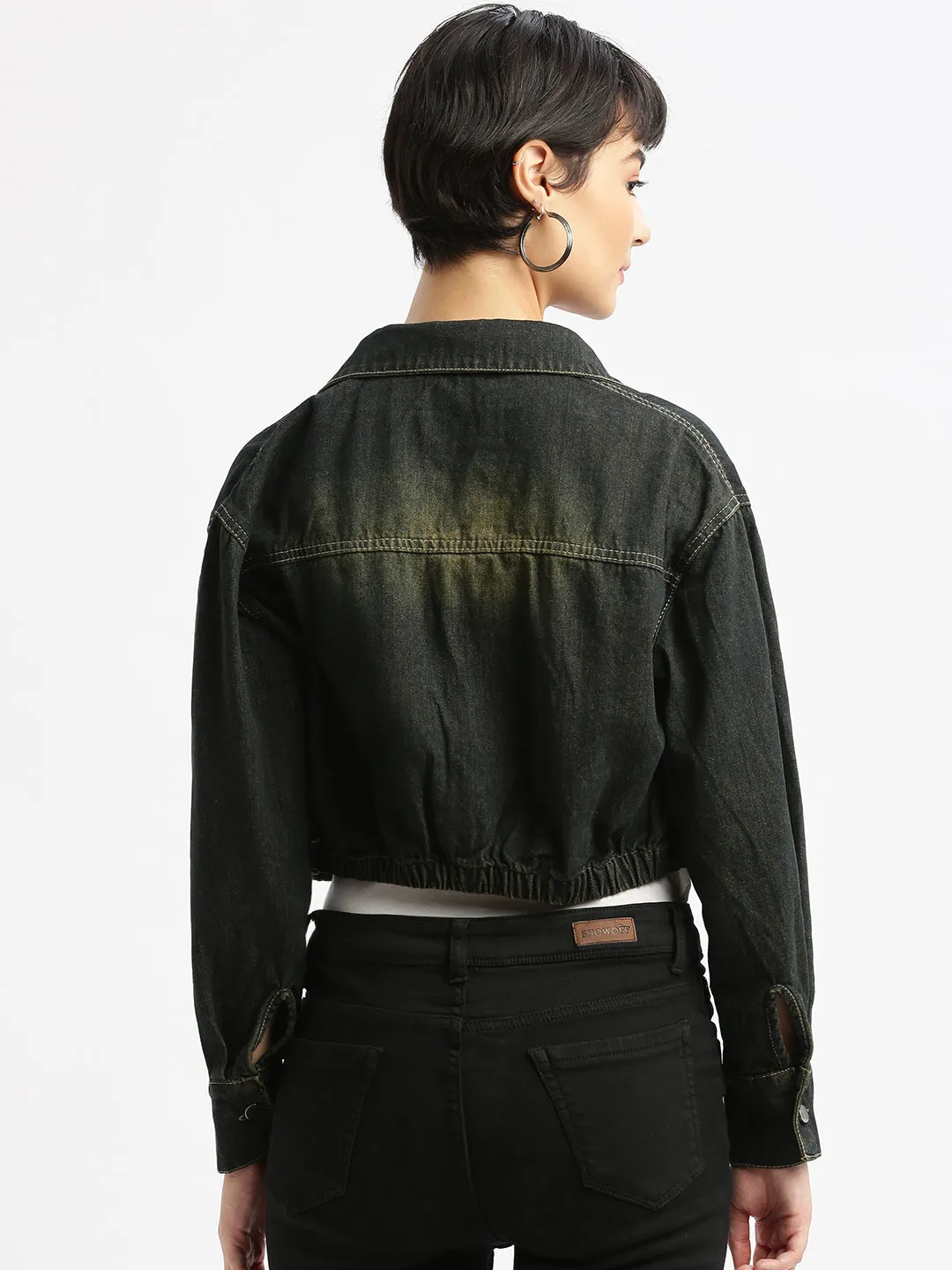 Women Black Crop Denim Jacket