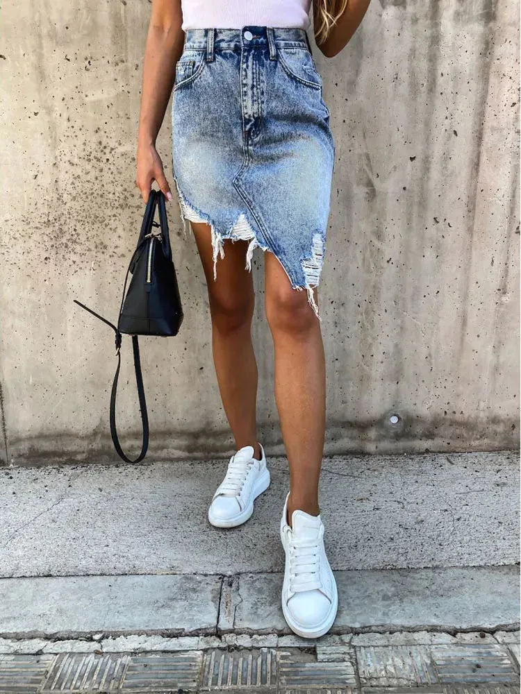 Women High Waist Ripped Skirt Jeans Cut Out Irregular Skirt Jeans