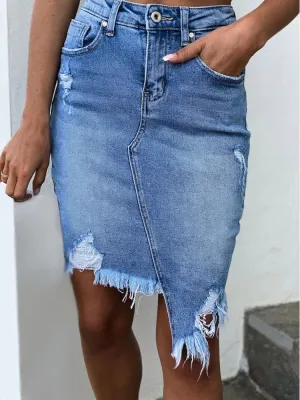 Women High Waist Ripped Skirt Jeans Cut Out Irregular Skirt Jeans