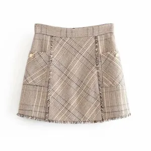 Womens Mini Skirts Elegant Plaid Pockets