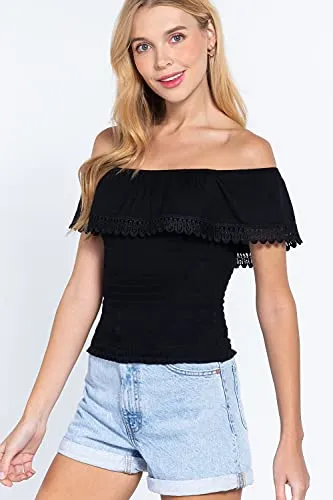 Women's Off Shoulder Lace Trim Smocked Details Top