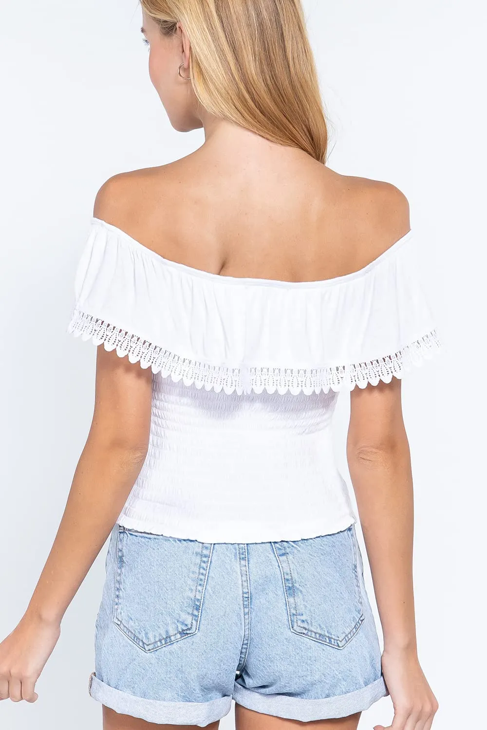 Women's Off Shoulder Lace Trim Smocked Details Top