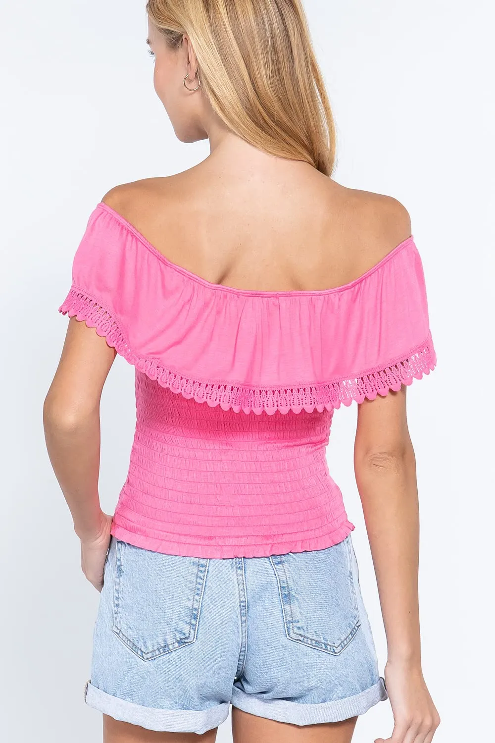 Women's Off Shoulder Lace Trim Smocked Details Top