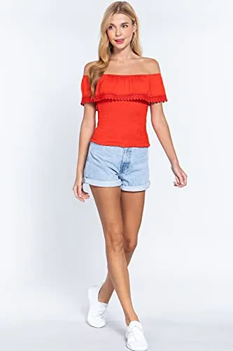 Women's Off Shoulder Lace Trim Smocked Details Top