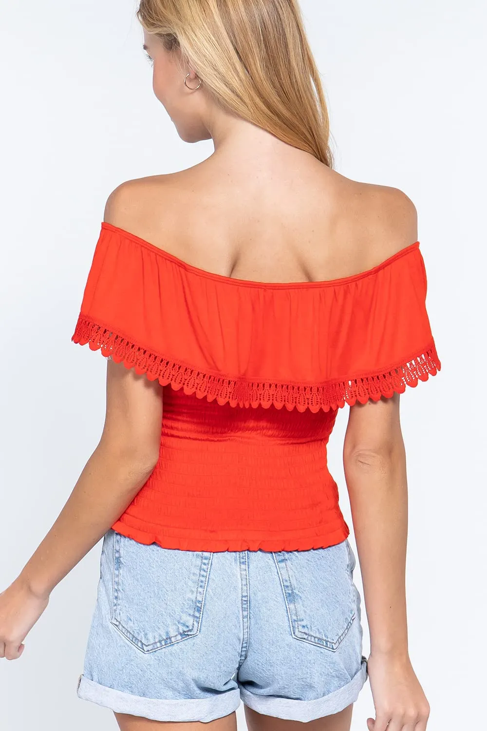 Women's Off Shoulder Lace Trim Smocked Details Top