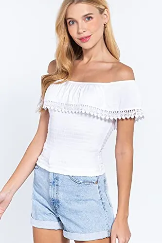 Women's Off Shoulder Lace Trim Smocked Details Top