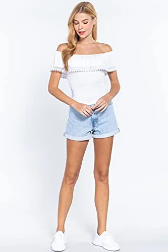 Women's Off Shoulder Lace Trim Smocked Details Top