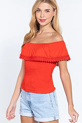 Women's Off Shoulder Lace Trim Smocked Details Top