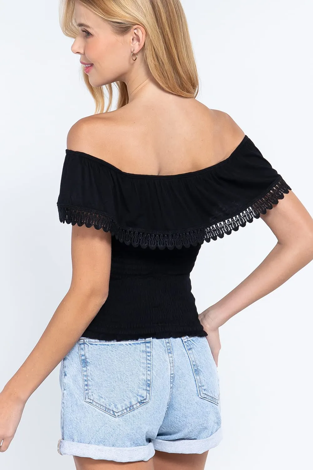 Women's Off Shoulder Lace Trim Smocked Details Top